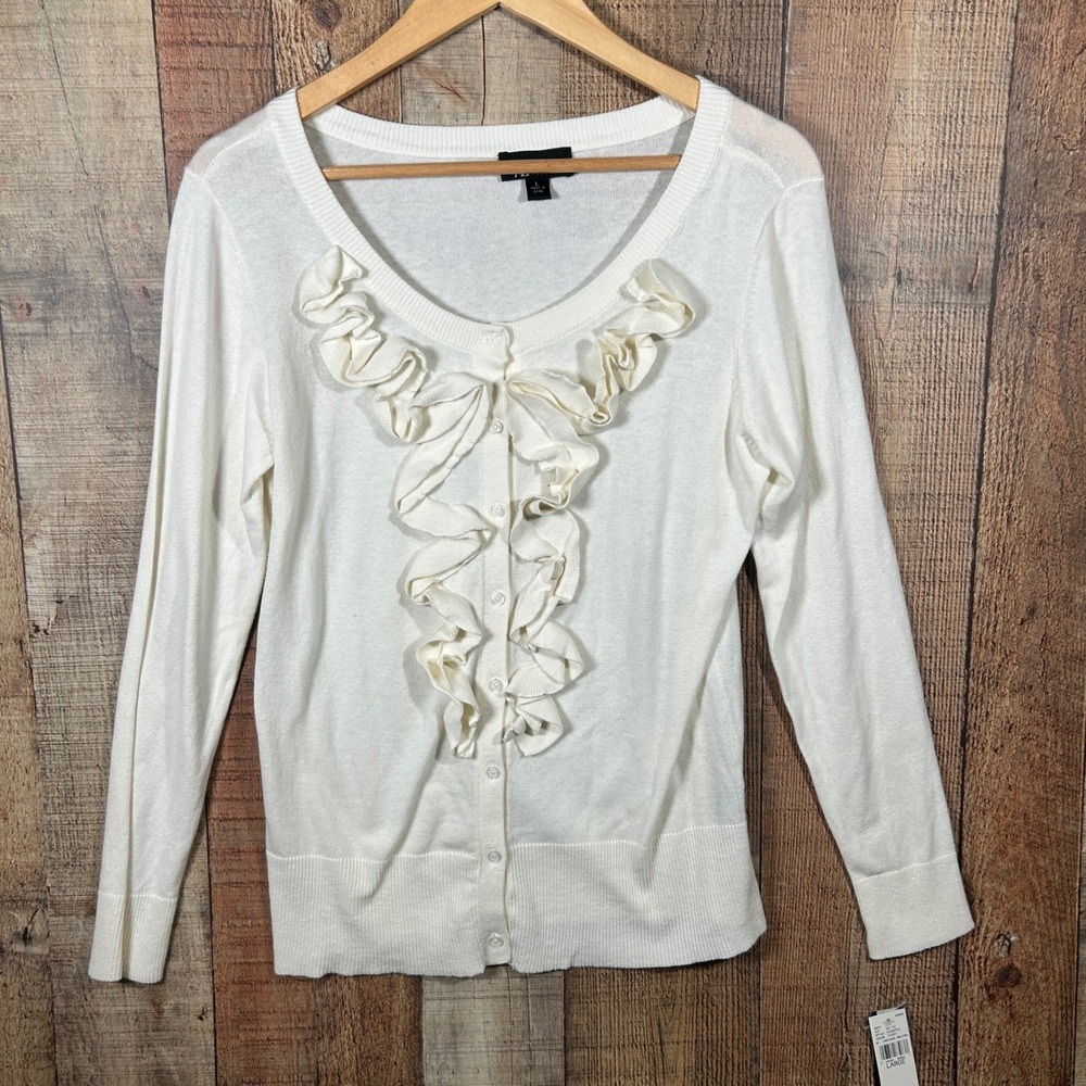 AB Studio Ruffle Cardigan Sweater Ivory Layering NWT Large Romantic Coquette